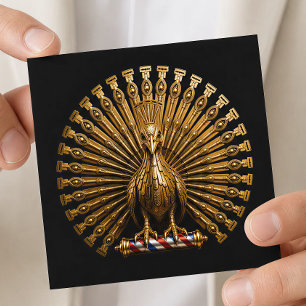 Cartão De Visita Quadrado Logotipo da Barbearia Gold Peacock Razor