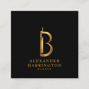 Cartão De Visita Quadrado Logotipo da Barbearia Gold Razor B Hair Stylist