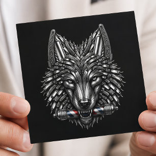 Cartão De Visita Quadrado Logotipo de Barbeiro Metal Prata Navalha Lobo Loja