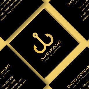 Cartão De Visita Quadrado Logotipo de carateres de pesca preto e Dourado