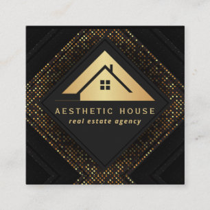 Cartão De Visita Quadrado Logotipo de Casa Imobiliária Preto e Dourado Corre
