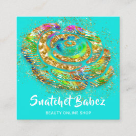 Cartão De Visita Quadrado Logotipo de código QR Dourado de água cor-de-rosa 