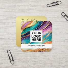Cartão De Visita Quadrado Logotipo de Código QR e Brilho Dourado de Ágata Ar