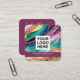 Cartão De Visita Quadrado Logotipo de Código QR e Brilho Dourado de Ágata Ar
