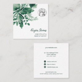 Cartão De Visita Quadrado Logótipo de maquiagem de cabelo verde tropical