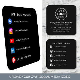 Cartão De Visita Quadrado Logotipo de mídia social contemporânea preto e bra