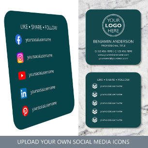 Cartão De Visita Quadrado Logotipo de Mídia Social Contemporânea Verde Teal