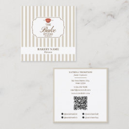 Cartão De Visita Quadrado Logotipo de Padaria Listras Bege e Marrom Preppy C