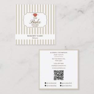 Cartão De Visita Quadrado Logotipo de Padaria Listras Bege e Marrom Preppy C