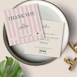 Cartão De Visita Quadrado Logotipo de Padaria Verde Listras Rosa Retrô Obrig
