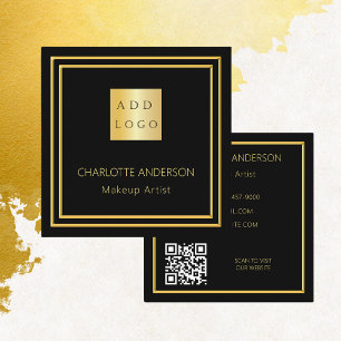 Cartão De Visita Quadrado Logotipo elegante ouro preto Código QR