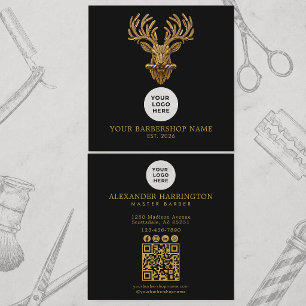 Cartão De Visita Quadrado Logotipo Gold Stag Qr Code Mestre Barbeiro Barbear