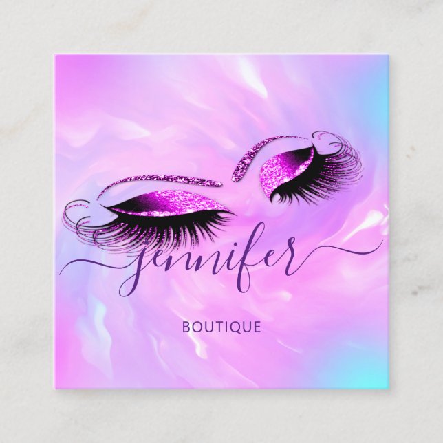 Cartão De Visita Quadrado Logotipo Lashes Extensão Estúdio Hológrafo Rosa (Frente)