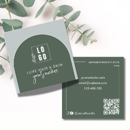 Cartão De Visita Quadrado Logotipo Moderno de Código Qr em Arco Verde Flores