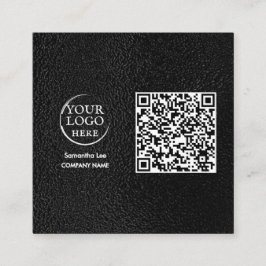 Cartão De Visita Quadrado Logotipo Moderno do Código QR de Couro Preto Cartã