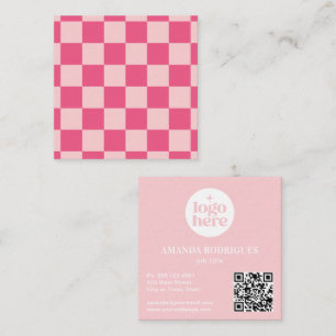 Cartão De Visita Quadrado Logotipo Xadrez Rosa Código QR