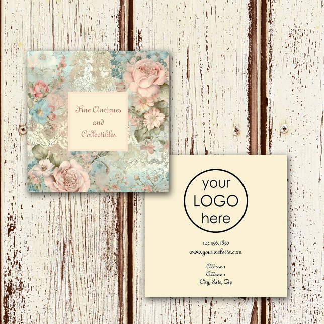 Cartão De Visita Quadrado Loja Antiquada Floral Personalizada Elegante Vinta (Criador carregado)