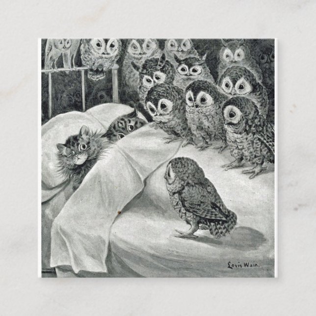 Cartão De Visita Quadrado Louis Wain Cat Nightmare Owl Bird (Frente)