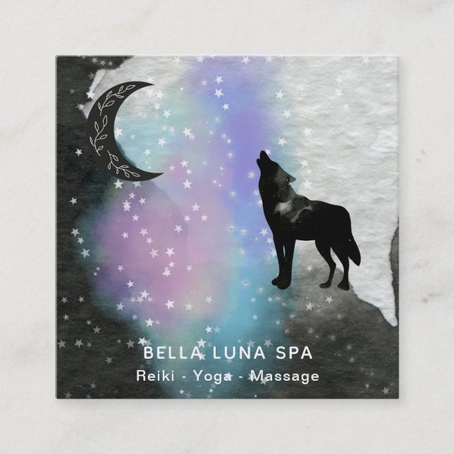 Cartão De Visita Quadrado *~* Lua Cósmica.  Howling Wolf Rainbow Shaman  (Frente)