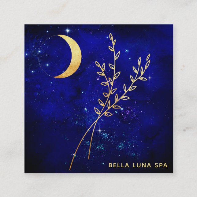 Cartão De Visita Quadrado *~* Lua Crescente Dourada - Folhas Folíferas Doura (Frente)