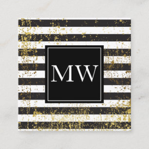Cartão De Visita Quadrado Lux Dourado Grunge Monograma Black White Stripes