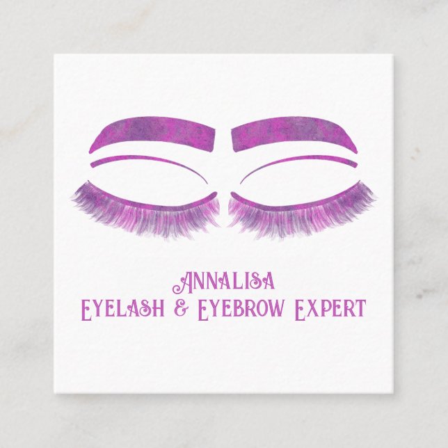 Cartão De Visita Quadrado Lúxo Aquarela Eyelash e Beleza de Ouro, Roxo (Frente)