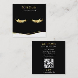 Cartão De Visita Quadrado Luxo Código QR preto e dourado Técnico de Cílios