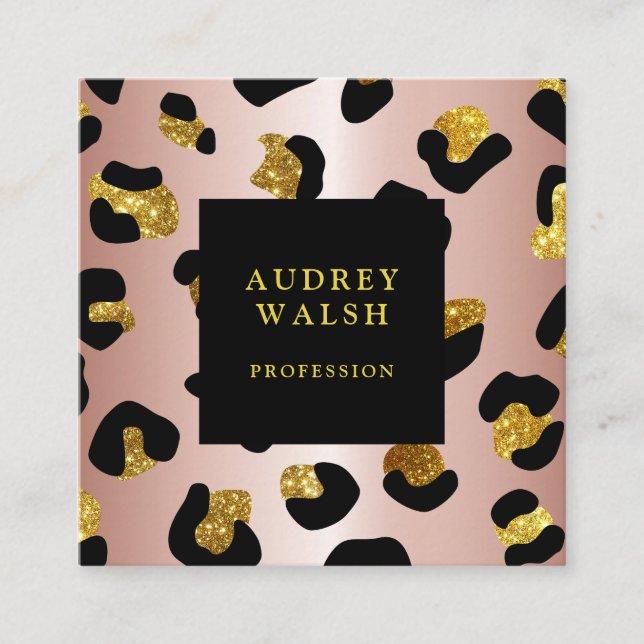 Cartão De Visita Quadrado Luxo de impressão de Leopardo Dourado Rosa brilhan (Frente)