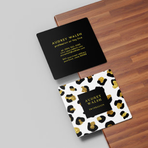 Cartão De Visita Quadrado Luxo de Leopardo Branco Dourado com brilho