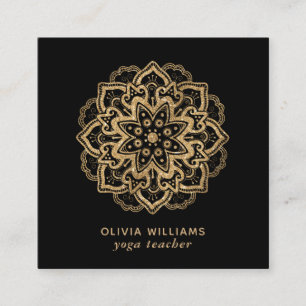 Cartão De Visita Quadrado Luxurioso Faux Dourado Glitter Boho Mandala Preto