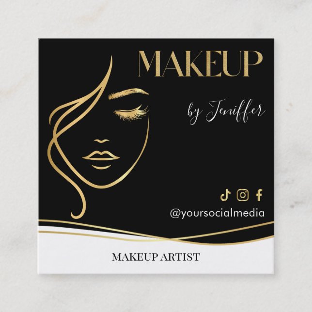 Cartão De Visita Quadrado Luxury Black & Gold Makeup artist Bussines card (Frente)
