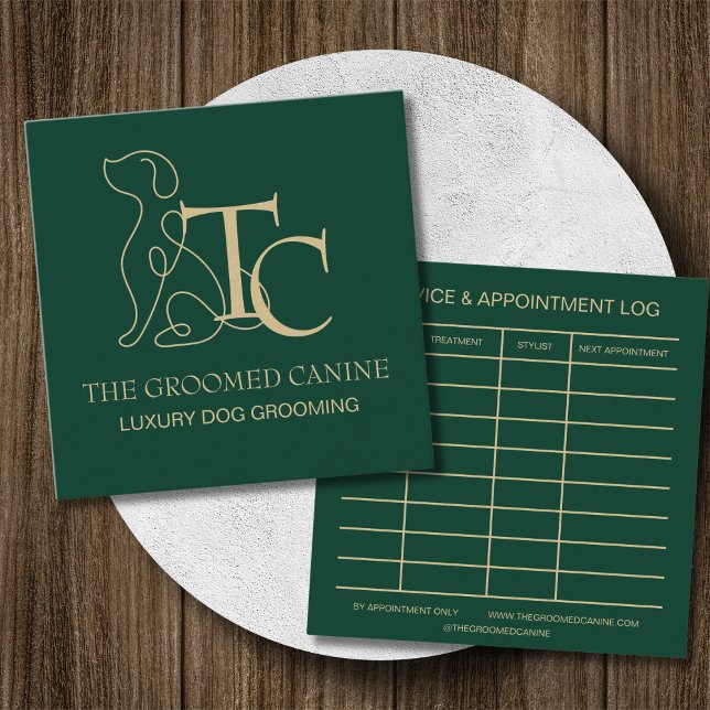 Cartão De Visita Quadrado Luxury Dog Grooming Business Card Deep Emerald (Emerald luxury dog grooming business card)