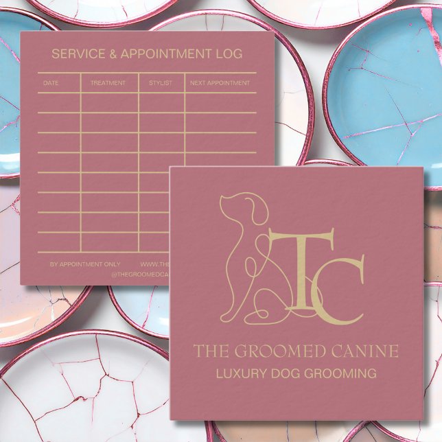 Cartão De Visita Quadrado Luxury Dog Grooming Business Card Pet Rose Gold (Rose gold dog grooming business cards for high end pet salons)