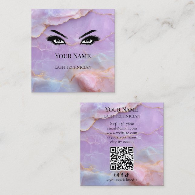 Cartão De Visita Quadrado Luxury Pastel Marble Lash Artist QR code  (Frente/Verso)