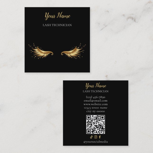 Cartão De Visita Quadrado Luxury QR code Black and Gold Lash Technician Busi (Frente/Verso)