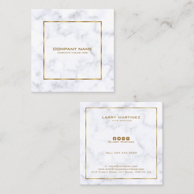 Cartão De Visita Quadrado Luxury white and gray marble simple gold frame (Frente/Verso)