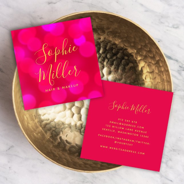 Cartão De Visita Quadrado Luzes de Bokeh Rosa Rosa Modernas de Tendência (Criador carregado)