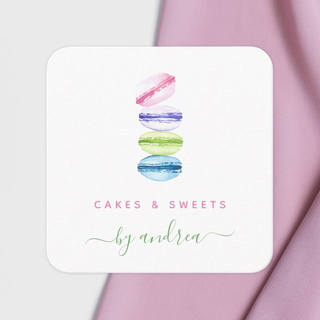 Cartão De Visita Quadrado Macarons Coloridos Sweets Qr Code Modern Bakery (Criador carregado)