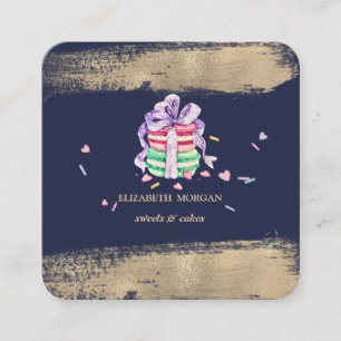 Cartão De Visita Quadrado Macarons Elegantes com Pinceladas de Faux Dourado
