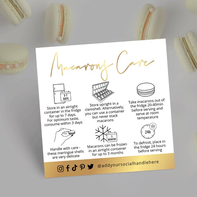 Cartão De Visita Quadrado Macarons White e Dourado Guia de Cuidados a Desser (White and faux gold foil macarons care cards with space for your bakery logo and contact info)