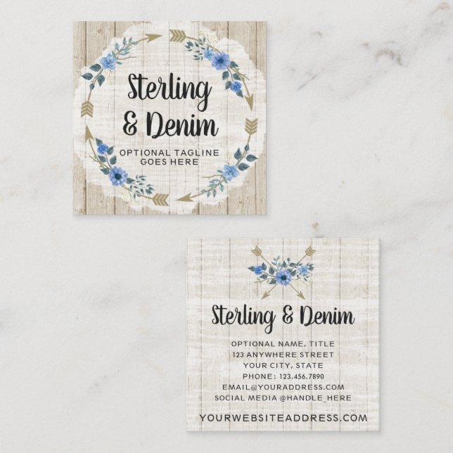 Cartão De Visita Quadrado Madeira russa e setas flóricas de aquarela boêmica (Frente/Verso)