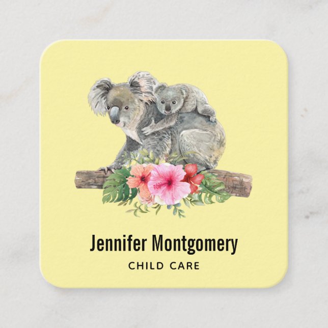 Cartão De Visita Quadrado Mãe e Bebê Koala Bears Caqueira (Frente)
