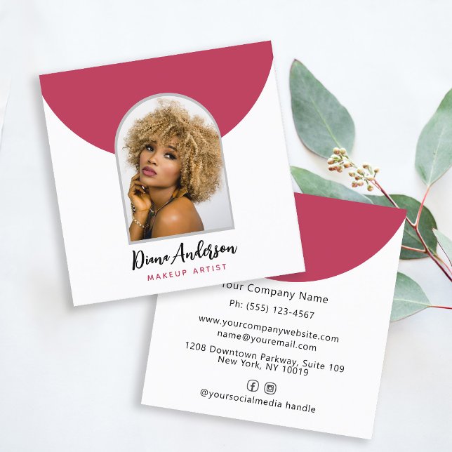 Cartão De Visita Quadrado Magenta Modern Photo Arch Makeup Beauty Industry ( (Criador carregado)