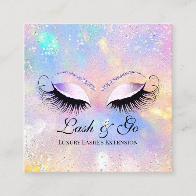 Cartão De Visita Quadrado Makeup Artist Eyelashes Brows Hológrafo Silver (Frente)