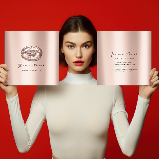 Cartão De Visita Quadrado Makeup Artist Kiss Lábios Pink Square Dourado (Criador carregado)