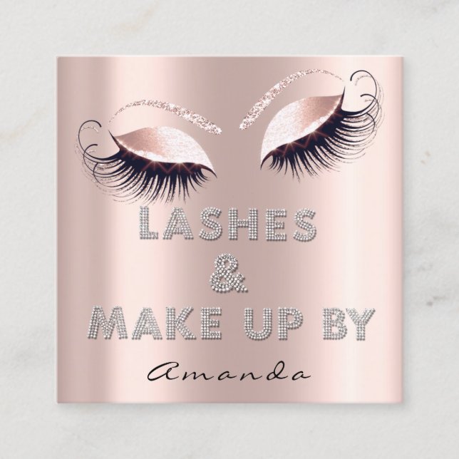 Cartão De Visita Quadrado Makeup Artist Lash Extension Diamond Rosa Glam (Frente)