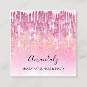 Cartão De Visita Quadrado Makeup Artist Logotipo Nail Rosa Glitter Confetti 