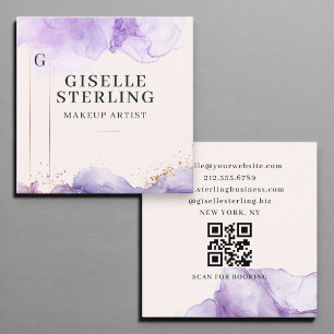 Cartão De Visita Quadrado Makeup Artist Purple Watercolor Código QR