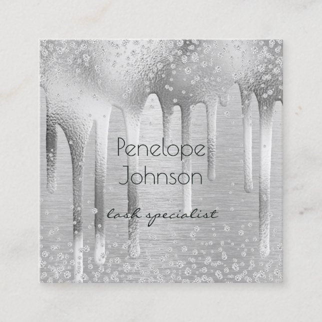 Cartão De Visita Quadrado Makeup Artist Silver Foil e Diamantes Glam (Frente)