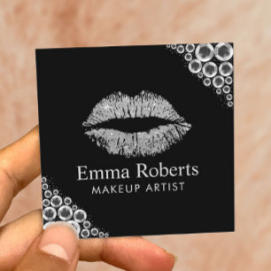 Cartão De Visita Quadrado Makeup Artist Silver Glitter Lábios Moderno Salon